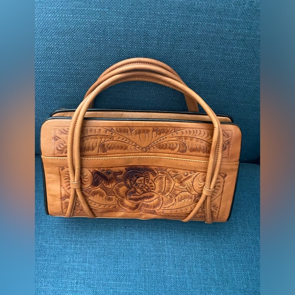 Vintage Gailan Leather Satchel Floral Engraving Made in Mexico Handbag Purse - Picture 13 of 14